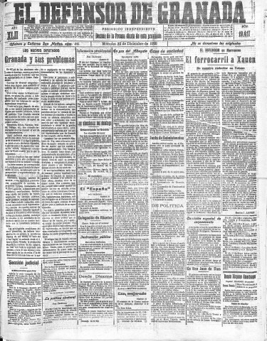 'El Defensor de Granada  : diario político independiente' - Año LXII Número 19417  - 1920 Diciembre 22