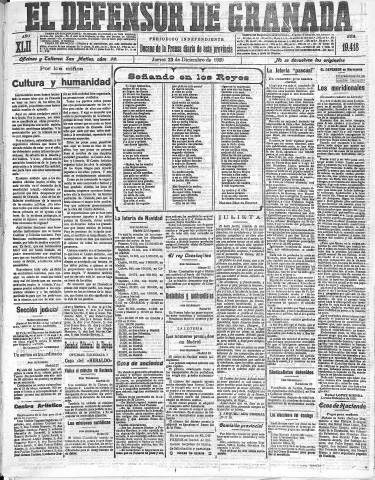'El Defensor de Granada  : diario político independiente' - Año LXII Número 19418  - 1920 Diciembre 23