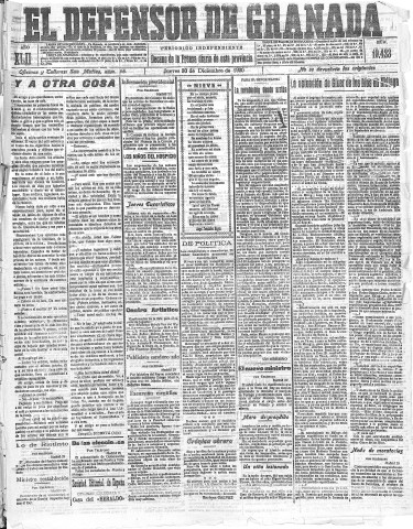 'El Defensor de Granada  : diario político independiente' - Año LXII Número 19423  - 1920 Diciembre 30