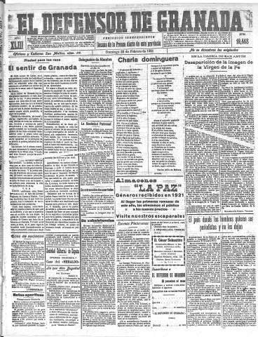 'El Defensor de Granada  : diario político independiente' - Año XLIII Número 19468  - 1921 Febrero 20
