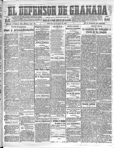 'El Defensor de Granada  : diario político independiente' - Año XLIII Número 19505  - 1921 Abril 06