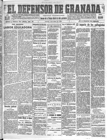 'El Defensor de Granada  : diario político independiente' - Año XLIII Número 19506  - 1921 Abril 07