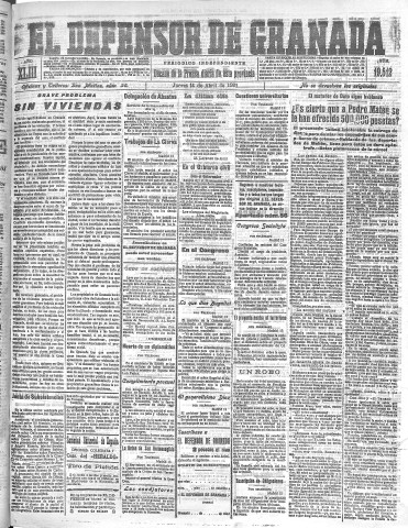 'El Defensor de Granada  : diario político independiente' - Año XLIII Número 19512  - 1921 Abril 14