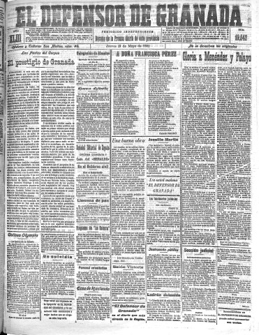 'El Defensor de Granada  : diario político independiente' - Año XLIII Número 19542  - 1921 Mayo 19