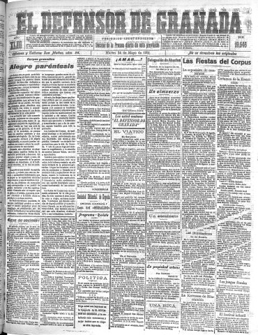 'El Defensor de Granada  : diario político independiente' - Año XLIII Número 19546  - 1921 Mayo 24