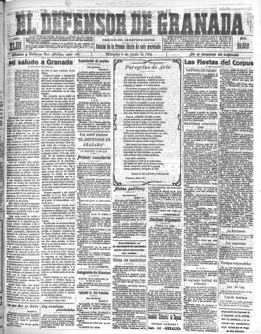 'El Defensor de Granada  : diario político independiente' - Año XLIII Número 19552  - 1921 Junio 01