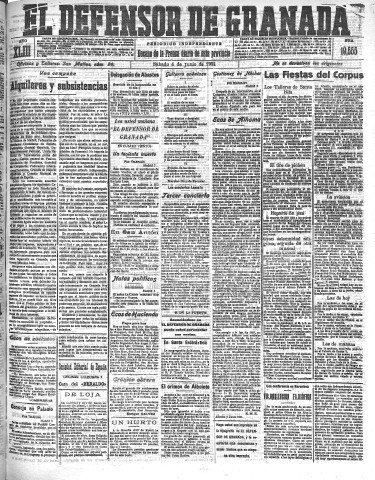 'El Defensor de Granada  : diario político independiente' - Año XLIII Número 19555  - 1921 Junio 04