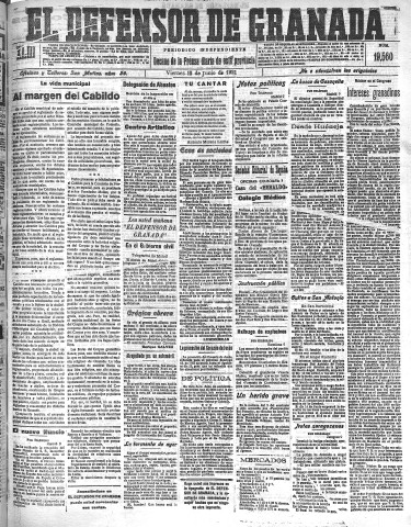 'El Defensor de Granada  : diario político independiente' - Año XLIII Número 19560  - 1921 Junio 10
