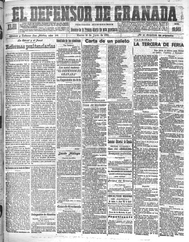 'El Defensor de Granada  : diario político independiente' - Año XLIII Número 19563  - 1921 Junio 14