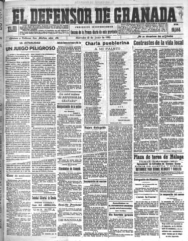 'El Defensor de Granada  : diario político independiente' - Año XLIII Número 19564  - 1921 Junio 15