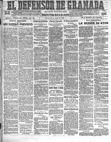 'El Defensor de Granada  : diario político independiente' - Año XLIII Número 19565  - 1921 Junio 16