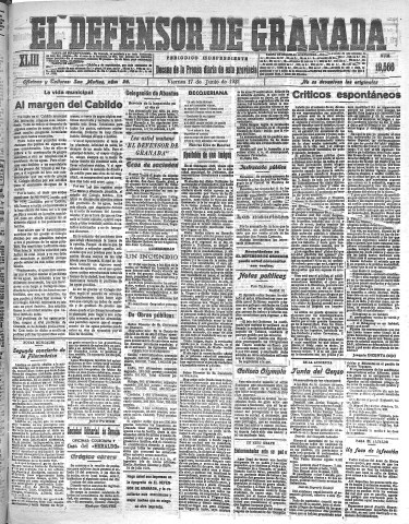 'El Defensor de Granada  : diario político independiente' - Año XLIII Número 19566  - 1921 Junio 17