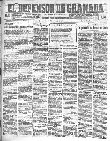'El Defensor de Granada  : diario político independiente' - Año XLIII Número 19569  - 1921 Junio 21