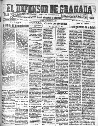 'El Defensor de Granada  : diario político independiente' - Año XLIII Número 19571  - 1921 Junio 23
