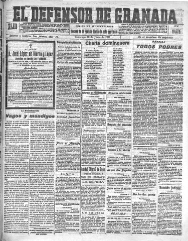 'El Defensor de Granada  : diario político independiente' - Año XLIII Número 19574  - 1921 Junio 26