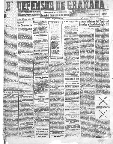 'El Defensor de Granada  : diario político independiente' - Año XLIII Número 19578  - 1921 Julio 01