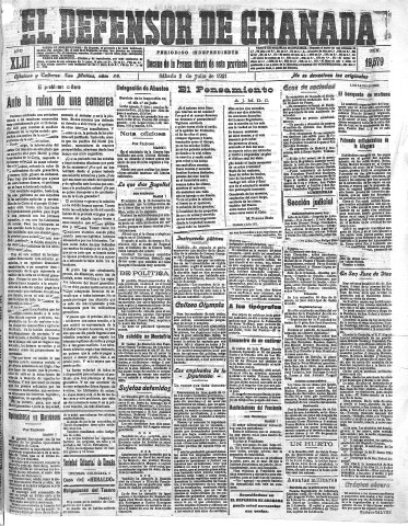 'El Defensor de Granada  : diario político independiente' - Año XLIII Número 19579  - 1921 Julio 02