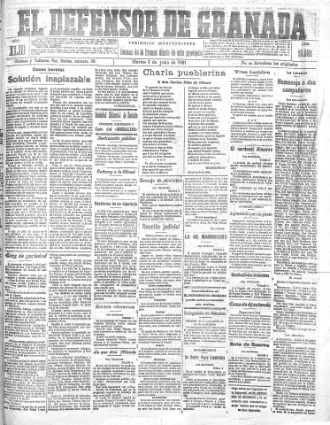 'El Defensor de Granada  : diario político independiente' - Año XLIII Número 19581  - 1921 Julio 05