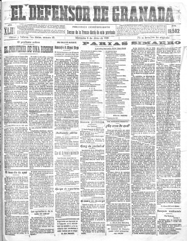 'El Defensor de Granada  : diario político independiente' - Año XLIII Número 19582  - 1921 Julio 06