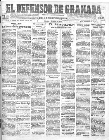 'El Defensor de Granada  : diario político independiente' - Año XLIII Número 19585  - 1921 Julio 09
