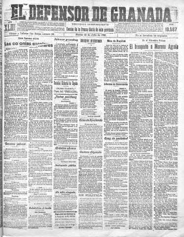 'El Defensor de Granada  : diario político independiente' - Año XLIII Número 19587  - 1921 Julio 12