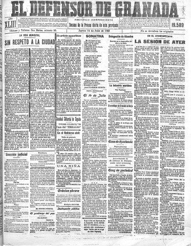 'El Defensor de Granada  : diario político independiente' - Año XLIII Número 19589  - 1921 Julio 14
