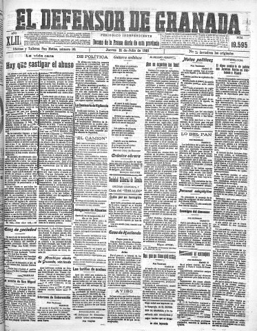 'El Defensor de Granada  : diario político independiente' - Año XLIII Número 19595  - 1921 Julio 21