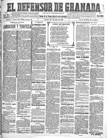 'El Defensor de Granada  : diario político independiente' - Año XLIII Número 19596  - 1921 Julio 22