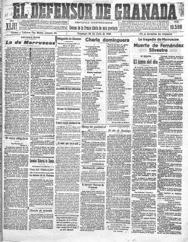 'El Defensor de Granada  : diario político independiente' - Año XLIII Número 19598  - 1921 Julio 24
