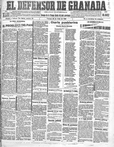'El Defensor de Granada  : diario político independiente' - Año XLIII Número 19602  - 1921 Julio 29
