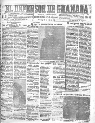 'El Defensor de Granada  : diario político independiente' - Año XLIII Número 19604  - 1921 Julio 31