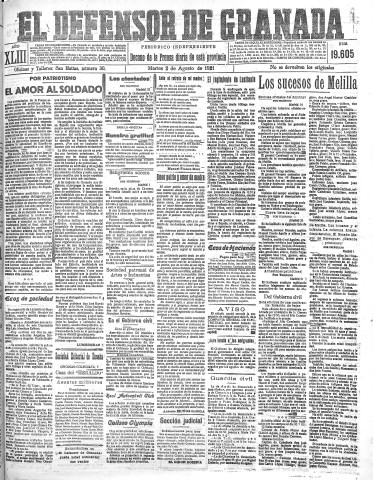 'El Defensor de Granada  : diario político independiente' - Año XLIII Número 19605  - 1921 Agosto 02
