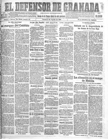 'El Defensor de Granada  : diario político independiente' - Año XLIII Número 19608  - 1921 Agosto 05