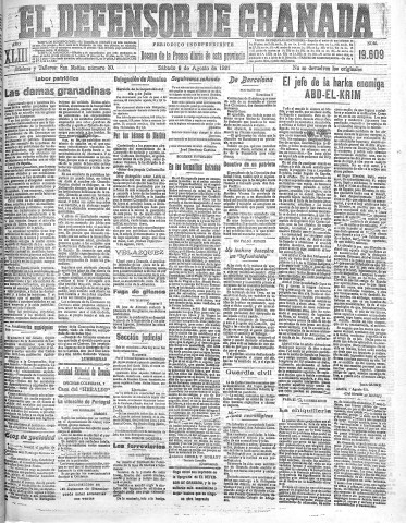 'El Defensor de Granada  : diario político independiente' - Año XLIII Número 19609  - 1921 Agosto 06