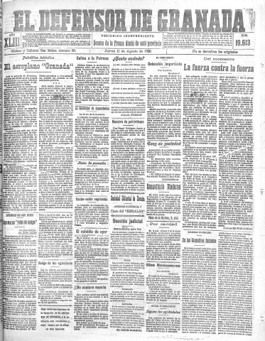 'El Defensor de Granada  : diario político independiente' - Año XLIII Número 19613  - 1921 Agosto 11
