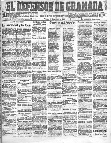 'El Defensor de Granada  : diario político independiente' - Año XLIII Número 19614  - 1921 Agosto 12