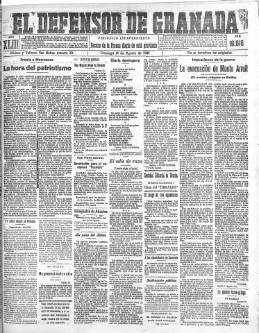 'El Defensor de Granada  : diario político independiente' - Año XLIII Número 19616  - 1921 Agosto 14