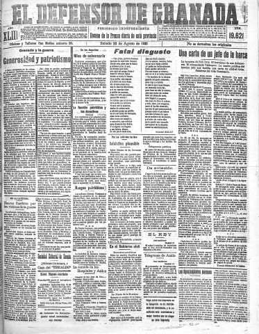 'El Defensor de Granada  : diario político independiente' - Año XLIII Número 19621  - 1921 Agosto 20