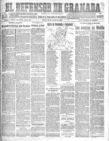 'El Defensor de Granada  : diario político independiente' - Año XLIII Número 19623  - 1921 Agosto 23