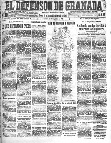 'El Defensor de Granada  : diario político independiente' - Año XLIII Número 19626  - 1921 Agosto 26