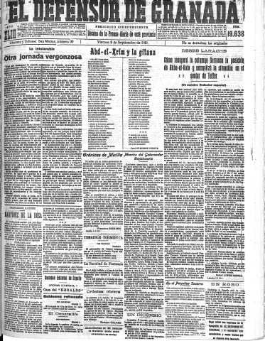 'El Defensor de Granada  : diario político independiente' - Año XLIII Número 19638  - 1921 Septiembre 09