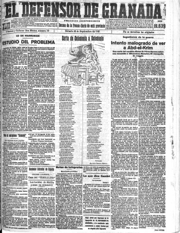 'El Defensor de Granada  : diario político independiente' - Año XLIII Número 19639  - 1921 Septiembre 10
