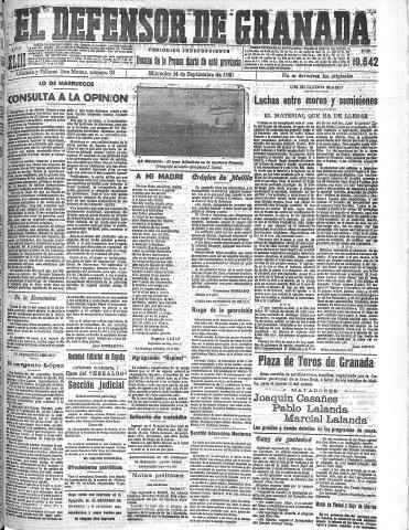 'El Defensor de Granada  : diario político independiente' - Año XLIII Número 19642  - 1921 Septiembre 14