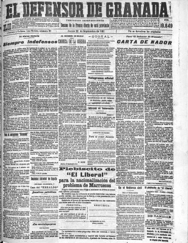 'El Defensor de Granada  : diario político independiente' - Año XLIII Número 19649  - 1921 Septiembre 22
