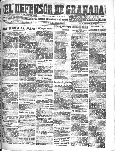'El Defensor de Granada  : diario político independiente' - Año XLIII Número 19655  - 1921 Septiembre 29