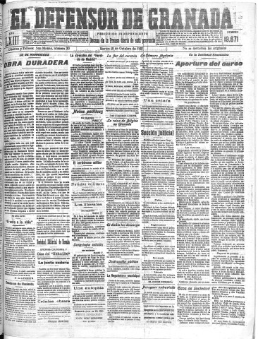 'El Defensor de Granada  : diario político independiente' - Año XLIII Número 19671  - 1921 Octubre 18