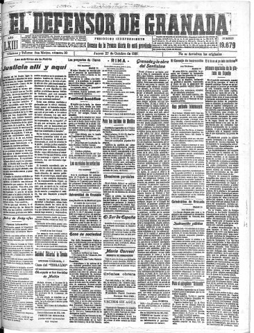 'El Defensor de Granada  : diario político independiente' - Año XLIII Número 19679  - 1921 Octubre 27