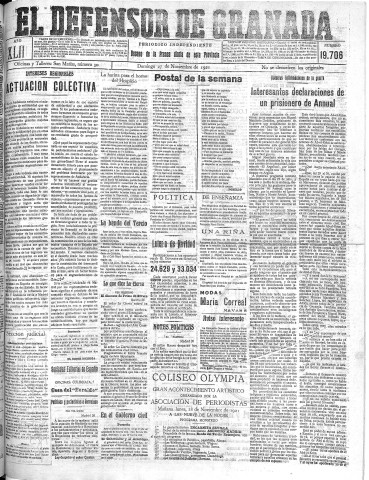 'El Defensor de Granada  : diario político independiente' - Año XLIII Número 19706  - 1921 Noviembre 27