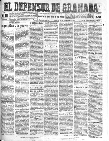 'El Defensor de Granada  : diario político independiente' - Año XLIII Número 19731  - 1921 Diciembre 28