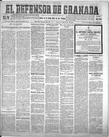 'El Defensor de Granada  : diario político independiente' - Año XLIV Número 19744  - 1922 Enero 12